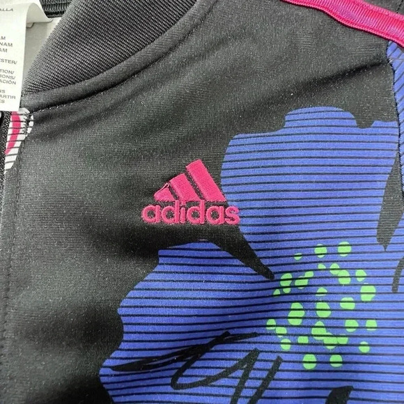 Adidas Girls Black Floral Printed‎ 3-Striped Zip Up Tricot Jacket AP4532 Sz L 14 - Picture 6 of 13